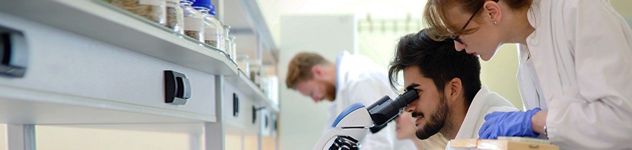 Group of positive scientists doing research looking through microscope